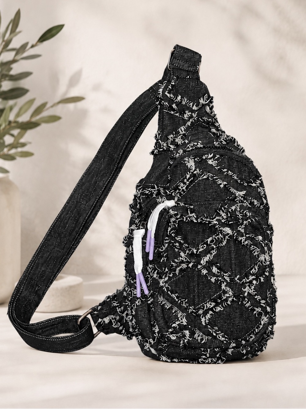 Wildfox NWT Black Distressed Denim Sling Crossbody Backpack Y2K